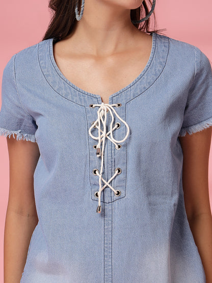Women’s Casual Summer A-Line Short Sleeves Above Knee V-Neck New Basics Blue Self Design Print Dress