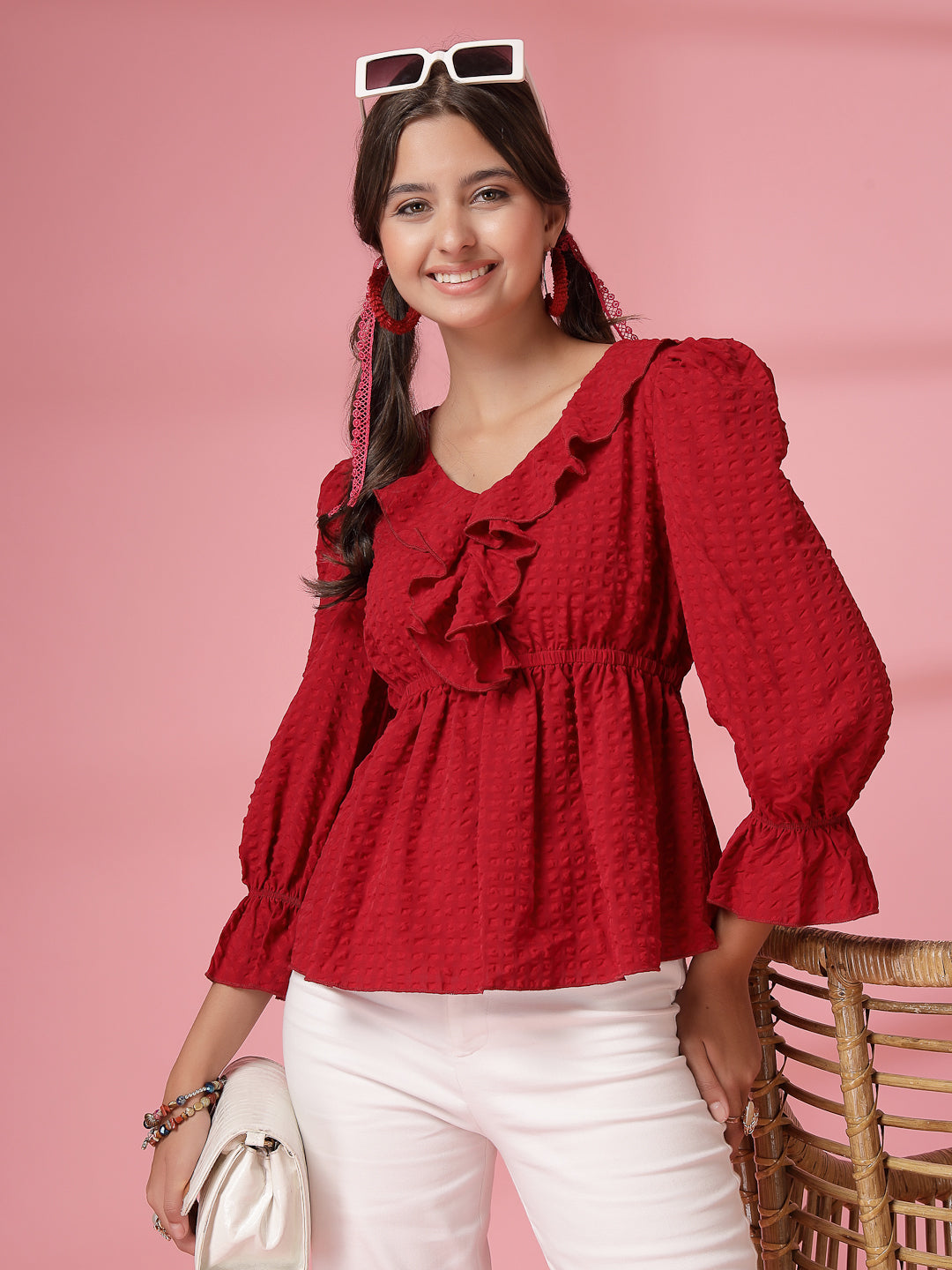 Women’s Puff Sleeve Ruffles Peplum Top