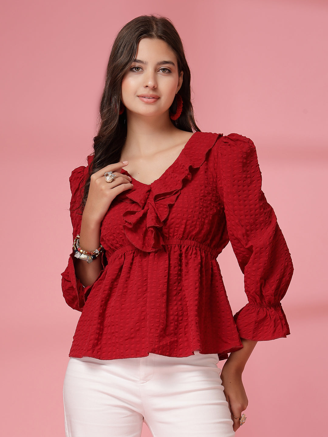 Women’s Puff Sleeve Ruffles Peplum Top