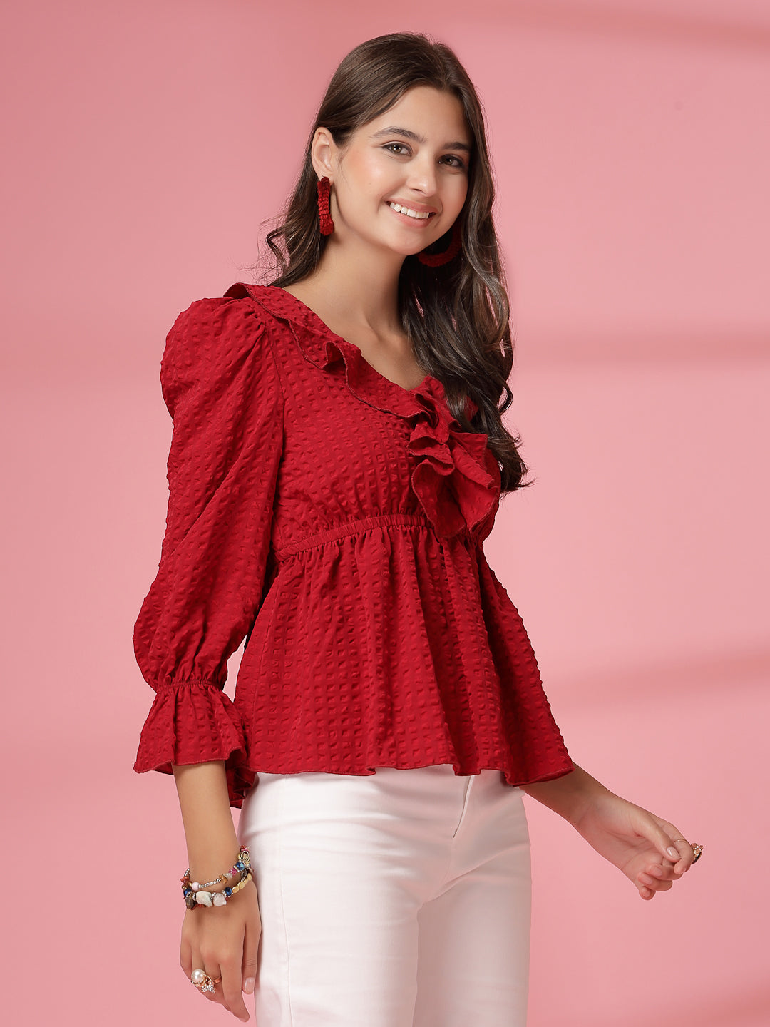 Women’s Puff Sleeve Ruffles Peplum Top