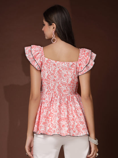 Women’s Print Flutter Sleeve Peplum Top