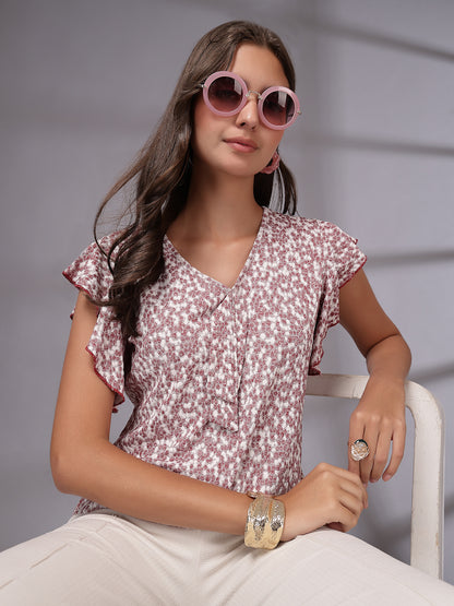 Women’s Floral Print Flutter Sleeve Ruffles Top