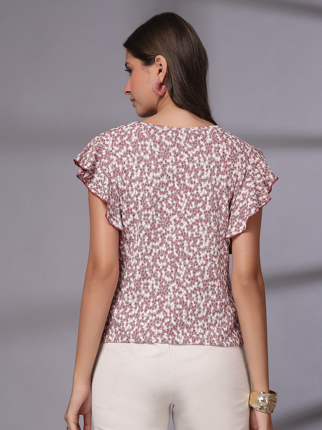 Women’s Floral Print Flutter Sleeve Ruffles Top