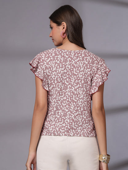 Women’s Floral Print Flutter Sleeve Ruffles Top