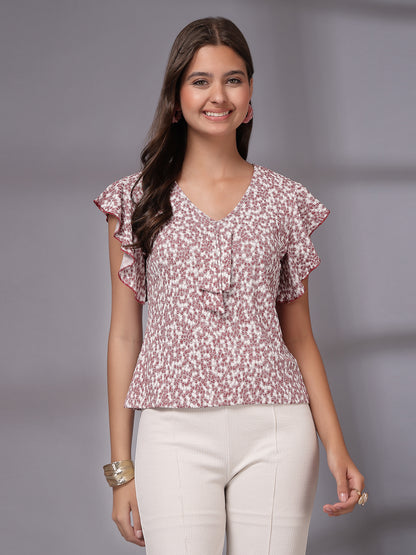 Women’s Floral Print Flutter Sleeve Ruffles Top