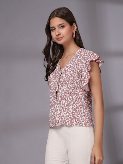 Women’s Floral Print Flutter Sleeve Ruffles Top