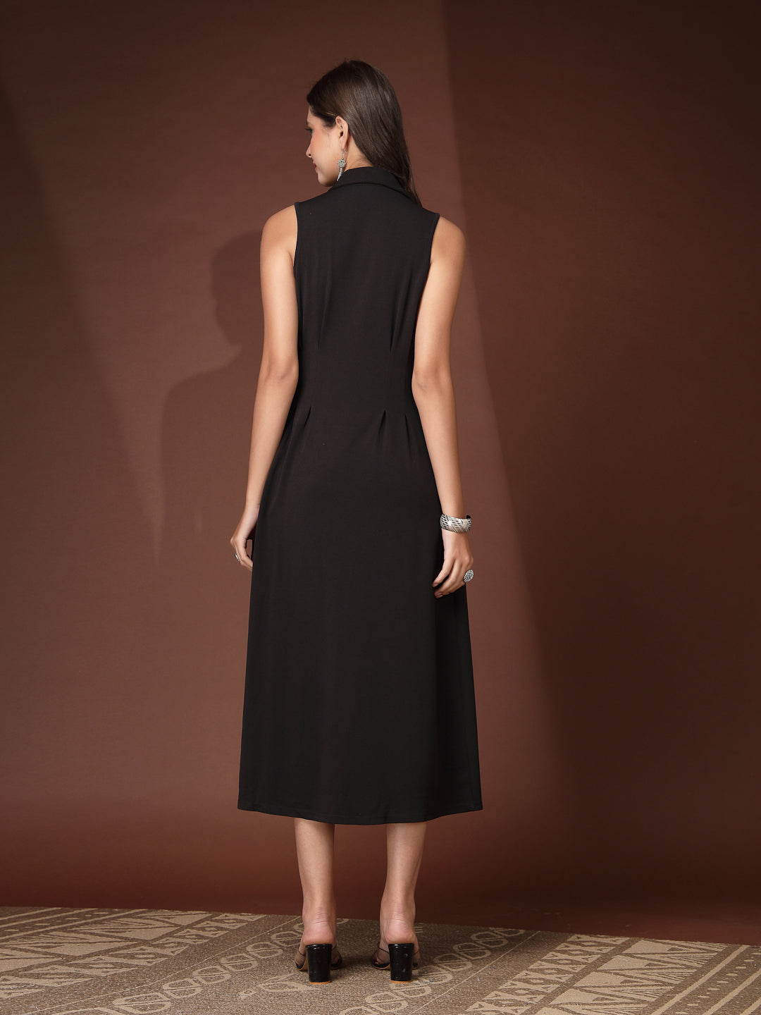 Women’s Casual Summer Fit & Flare Sleeveless Midi Shirt Collar New Basics Black Solid Print Dress