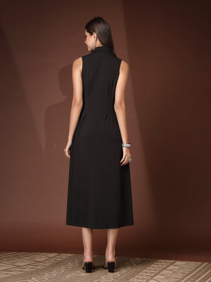 Women’s Casual Summer Fit & Flare Sleeveless Midi Shirt Collar New Basics Black Solid Print Dress