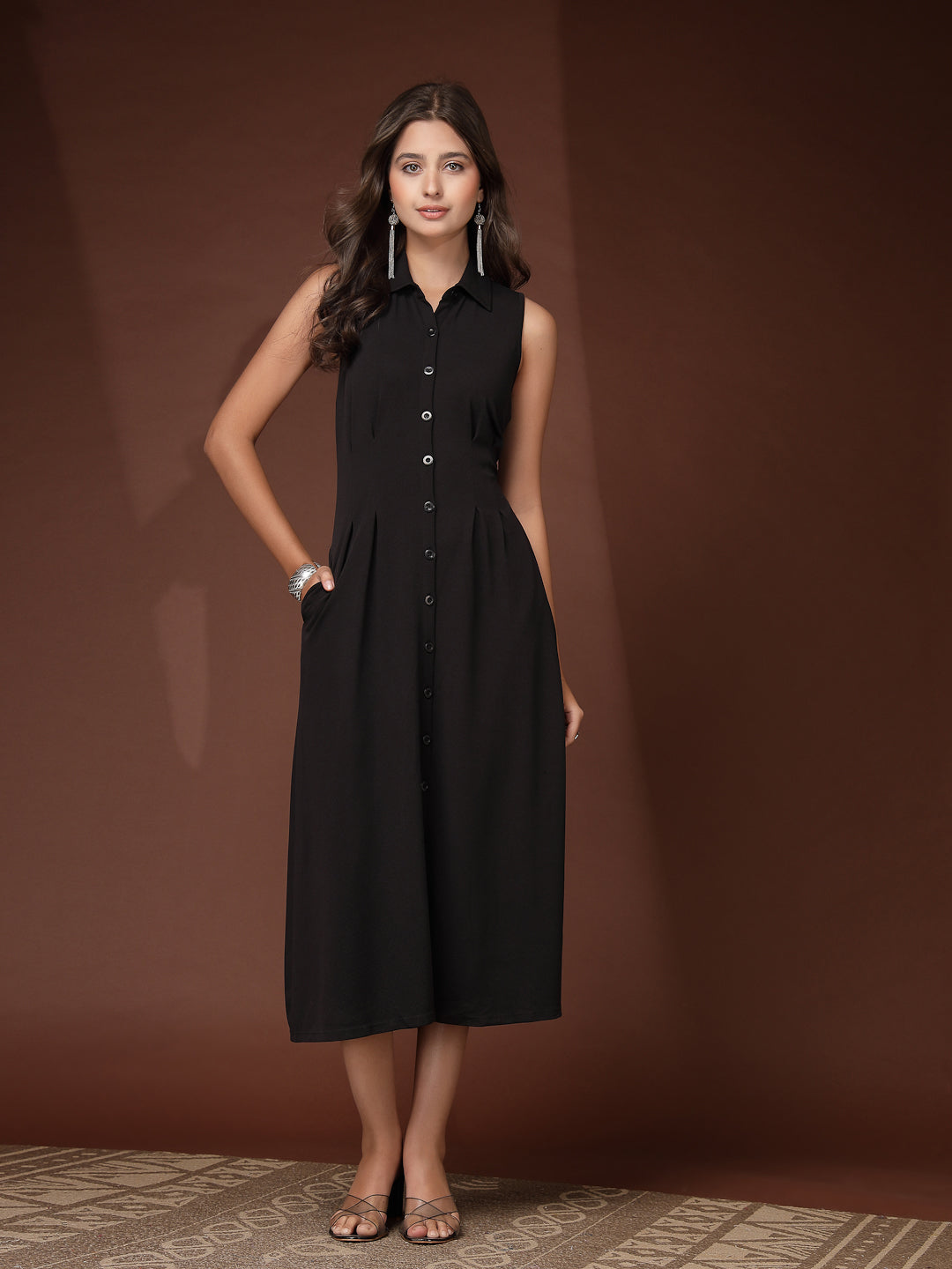 Women’s Casual Summer Fit & Flare Sleeveless Midi Shirt Collar New Basics Black Solid Print Dress