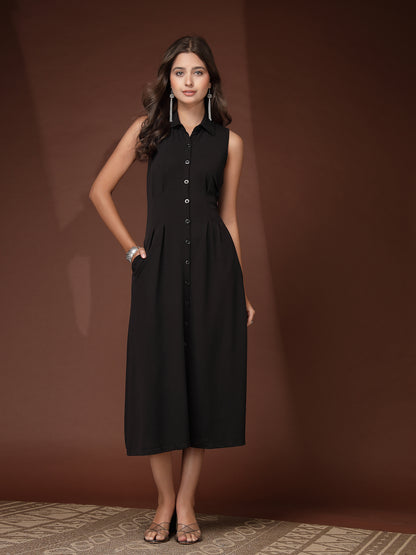 Women’s Casual Summer Fit & Flare Sleeveless Midi Shirt Collar New Basics Black Solid Print Dress