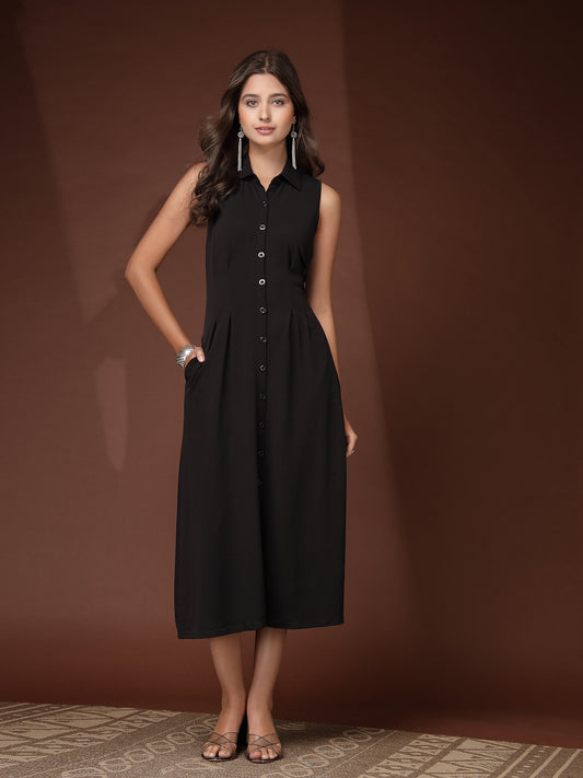 Women’s Casual Summer Fit & Flare Sleeveless Midi Shirt Collar New Basics Black Solid Print Dress