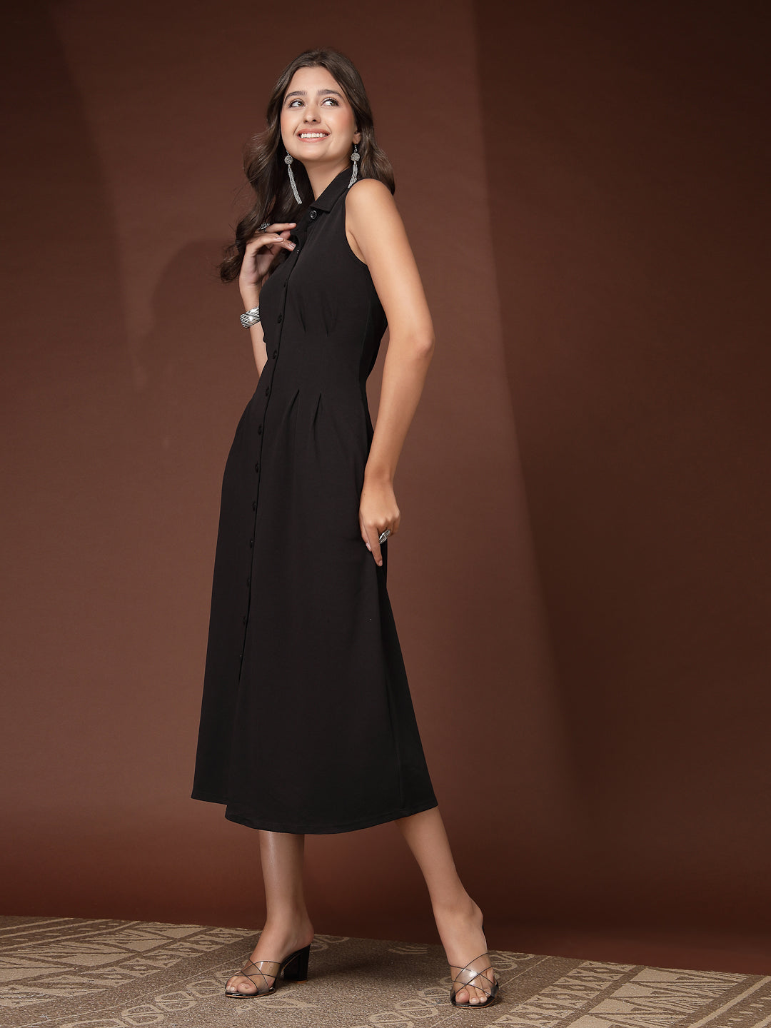 Women’s Casual Summer Fit & Flare Sleeveless Midi Shirt Collar New Basics Black Solid Print Dress
