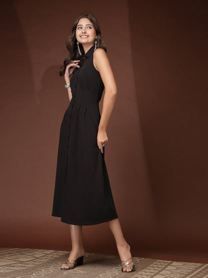 Women’s Casual Summer Fit & Flare Sleeveless Midi Shirt Collar New Basics Black Solid Print Dress
