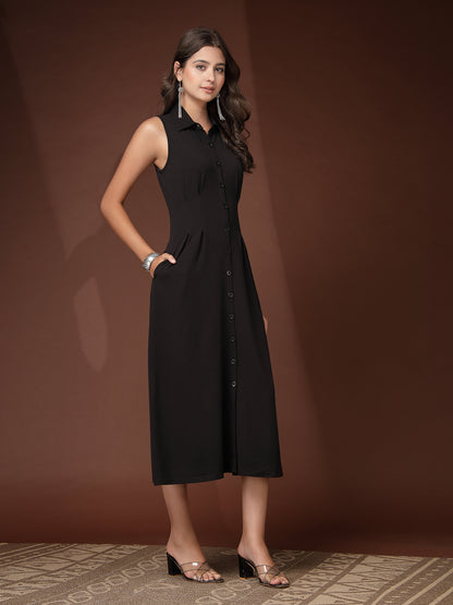 Women’s Casual Summer Fit & Flare Sleeveless Midi Shirt Collar New Basics Black Solid Print Dress