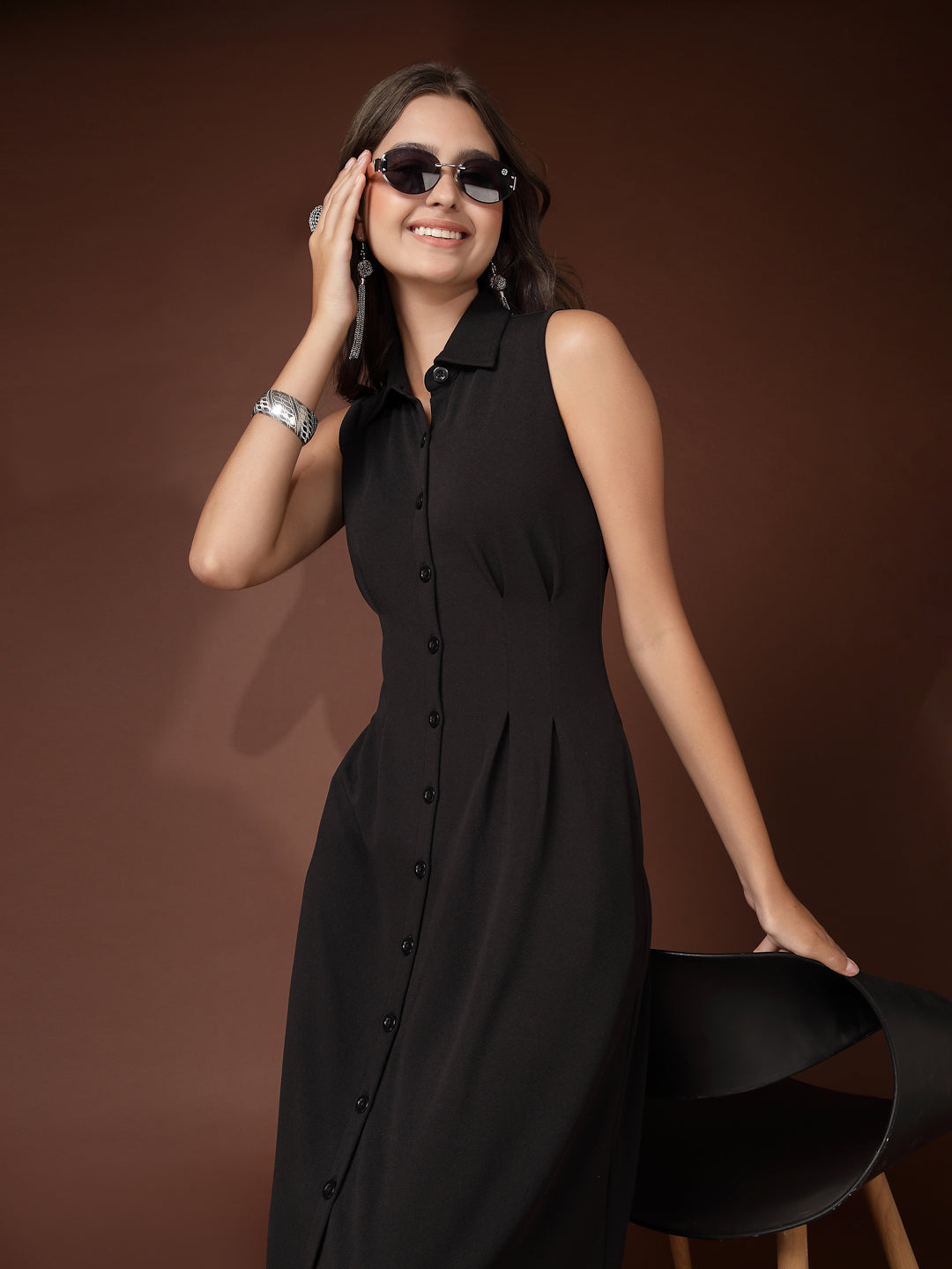 Women’s Casual Summer Fit & Flare Sleeveless Midi Shirt Collar New Basics Black Solid Print Dress