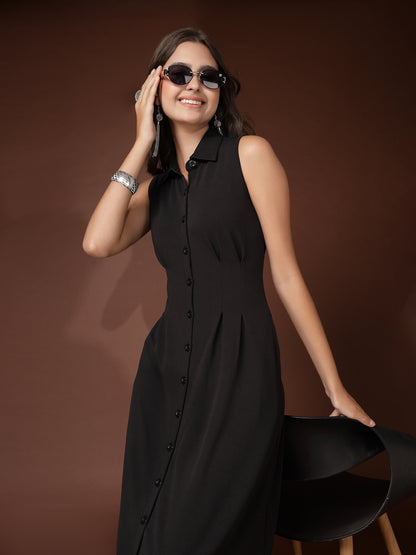 Women’s Casual Summer Fit & Flare Sleeveless Midi Shirt Collar New Basics Black Solid Print Dress