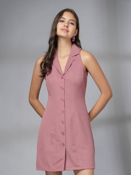 Women’s Casual Summer Fit & Flare Sleeveless Above Knee Shirt Collar New Basics Pink Self Design Print Dress