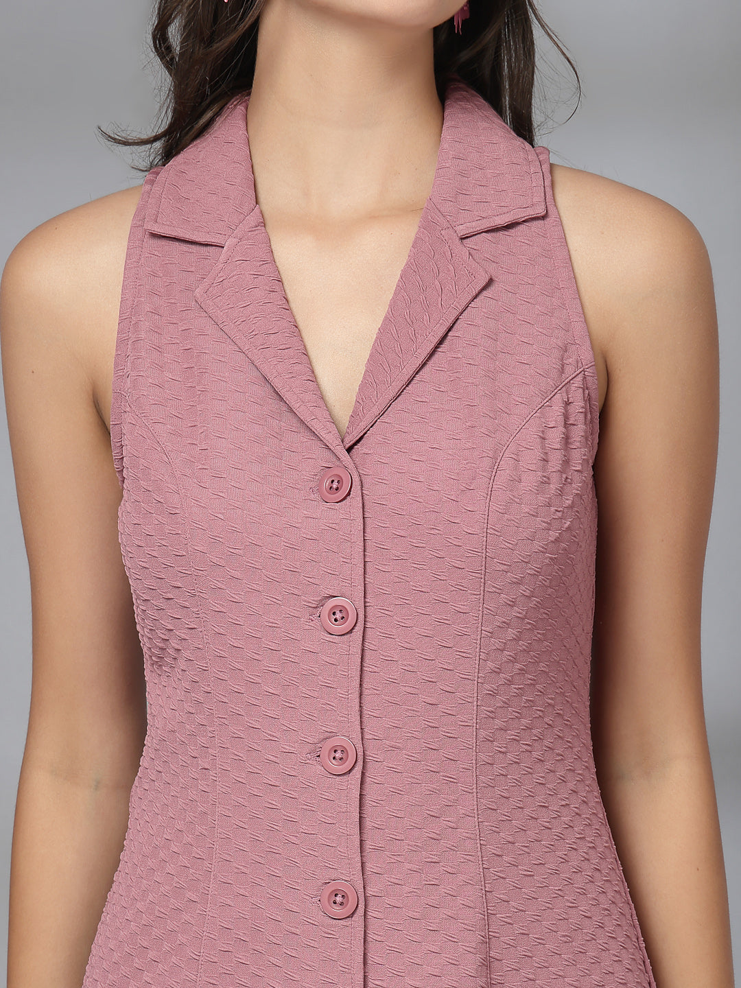 Women’s Casual Summer Fit & Flare Sleeveless Above Knee Shirt Collar New Basics Pink Self Design Print Dress
