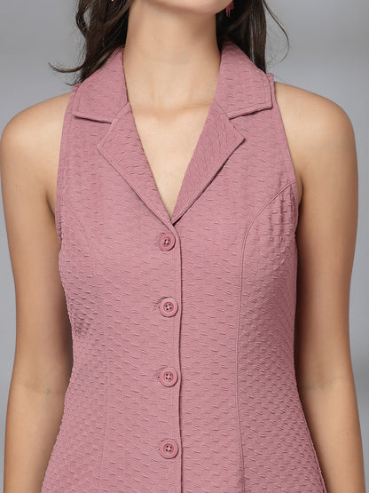 Women’s Casual Summer Fit & Flare Sleeveless Above Knee Shirt Collar New Basics Pink Self Design Print Dress