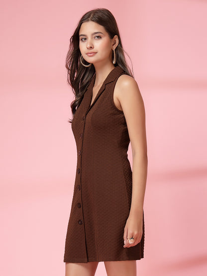 Women’s Casual Summer Fit & Flare Sleeveless Above Knee Shirt Collar New Basics Coffee Brown Self Design Print Dress