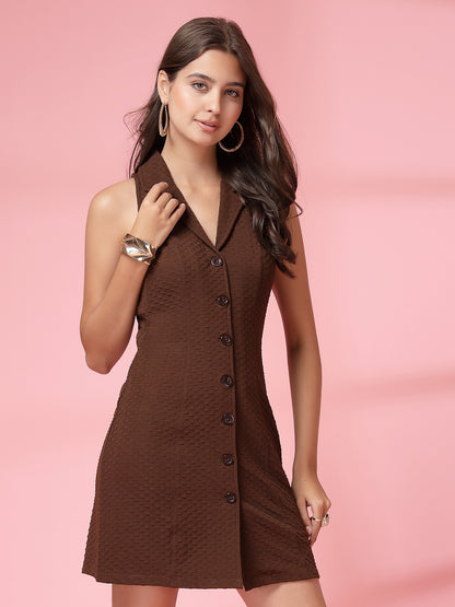 Women’s Casual Summer Fit & Flare Sleeveless Above Knee Shirt Collar New Basics Coffee Brown Self Design Print Dress