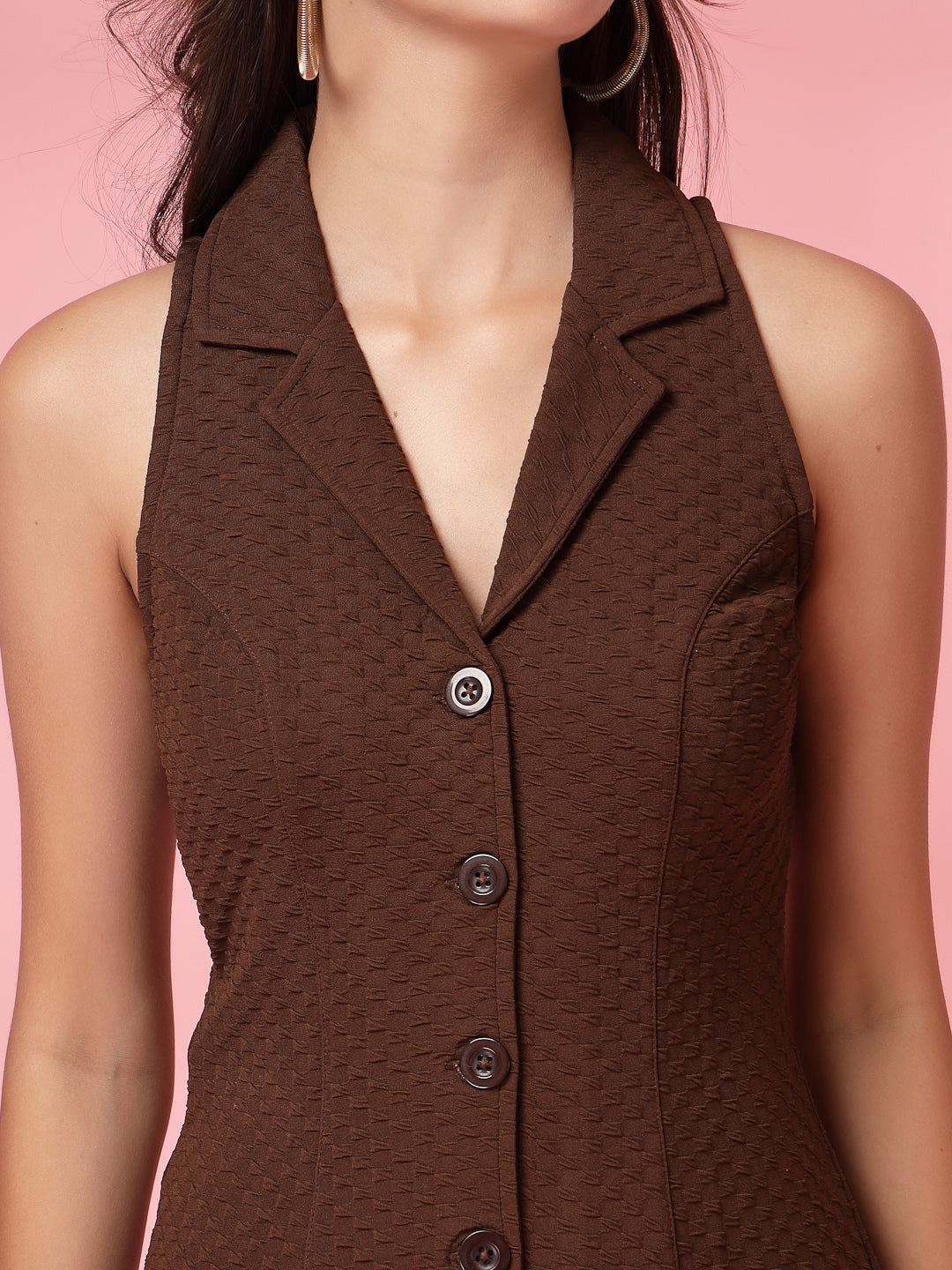 Women’s Casual Summer Fit & Flare Sleeveless Above Knee Shirt Collar New Basics Coffee Brown Self Design Print Dress