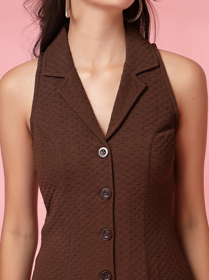 Women’s Casual Summer Fit & Flare Sleeveless Above Knee Shirt Collar New Basics Coffee Brown Self Design Print Dress