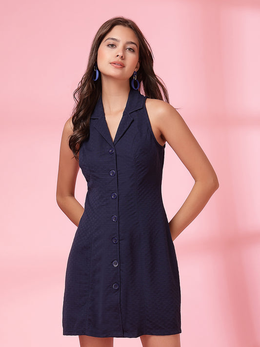 Casual Summer Fit and Flare Sleeveless Above Knee Shirt Collar New Basics Navy Blue Self Design Print Dress