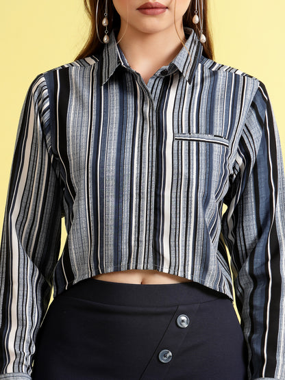 Women’s Comfort Spread Collar Multi Striped Casual Shirt