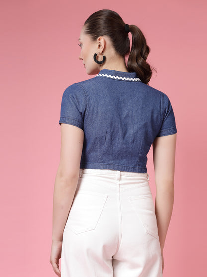 Women’s Solid Shirt Collar Pure Cotton Top