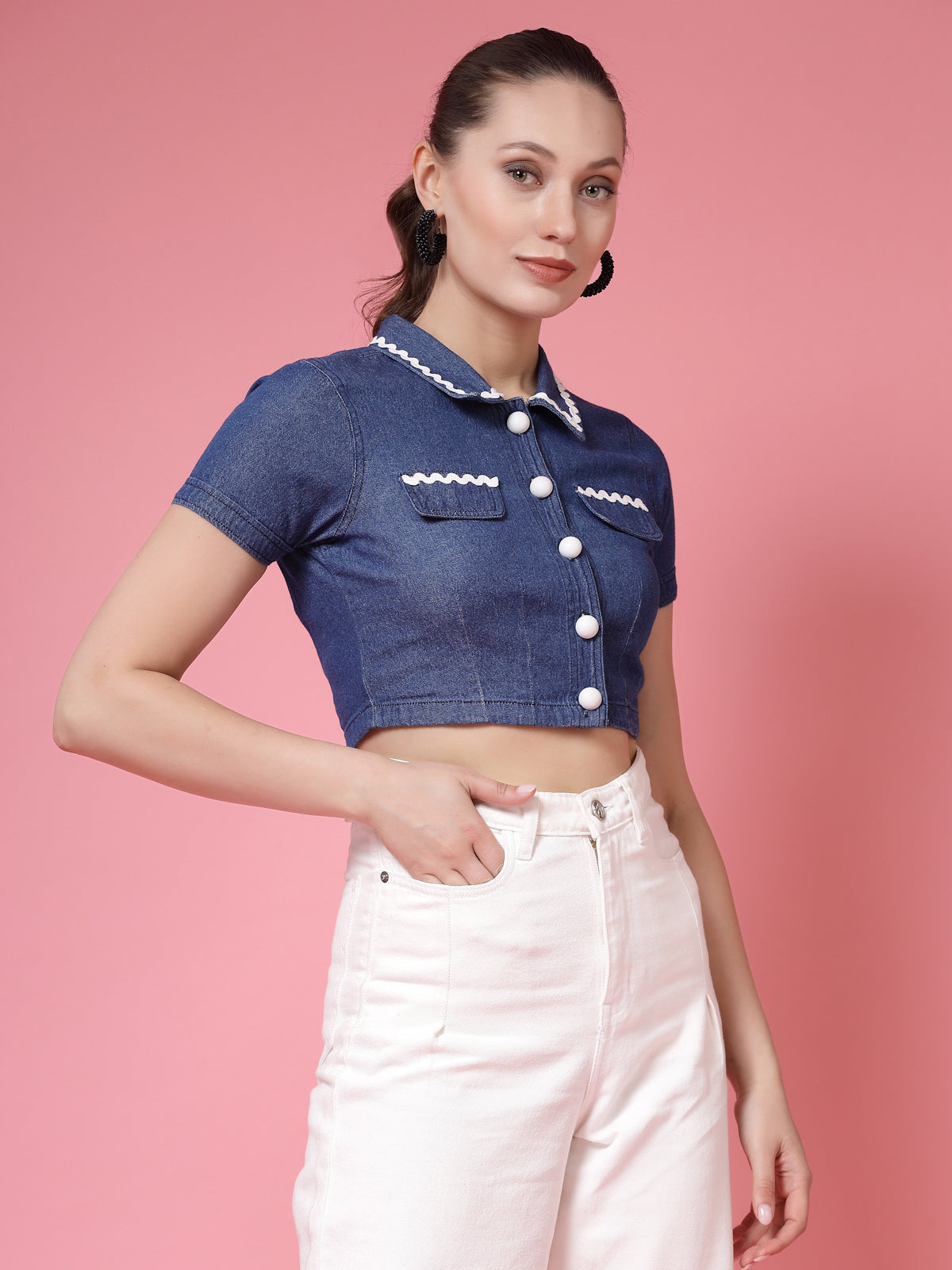 Women’s Solid Shirt Collar Pure Cotton Top