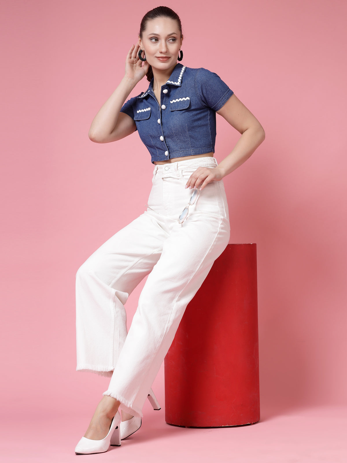 Women’s Solid Shirt Collar Pure Cotton Top