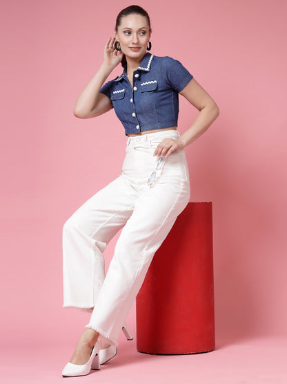 Women’s Solid Shirt Collar Pure Cotton Top