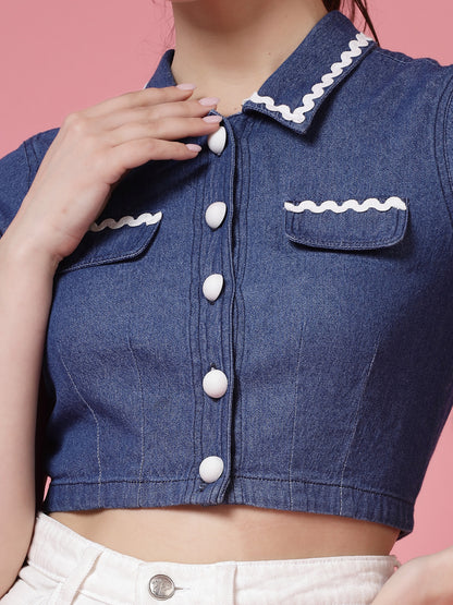 Women’s Solid Shirt Collar Pure Cotton Top