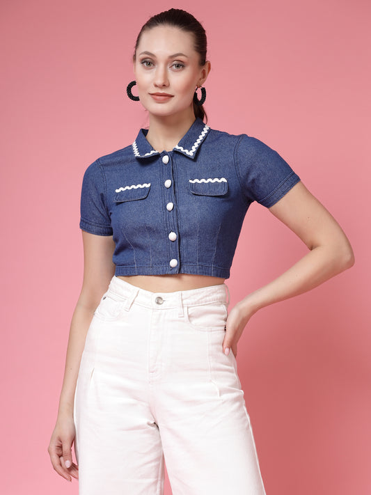 Women’s Solid Shirt Collar Pure Cotton Top