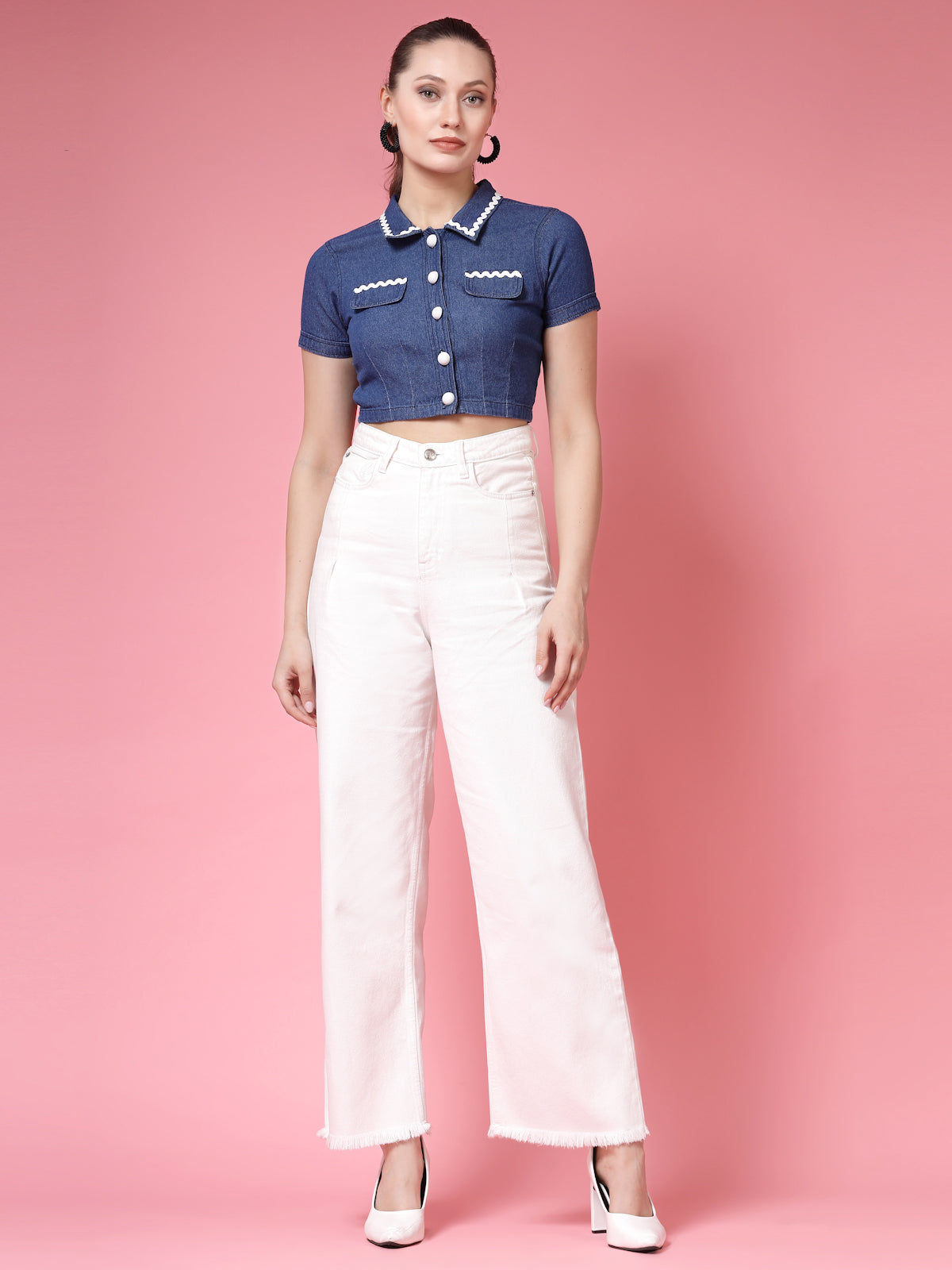 Women’s Solid Shirt Collar Pure Cotton Top