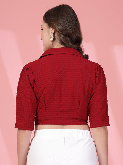 Women’s Self Design Self Design Shirt Style Crop Top