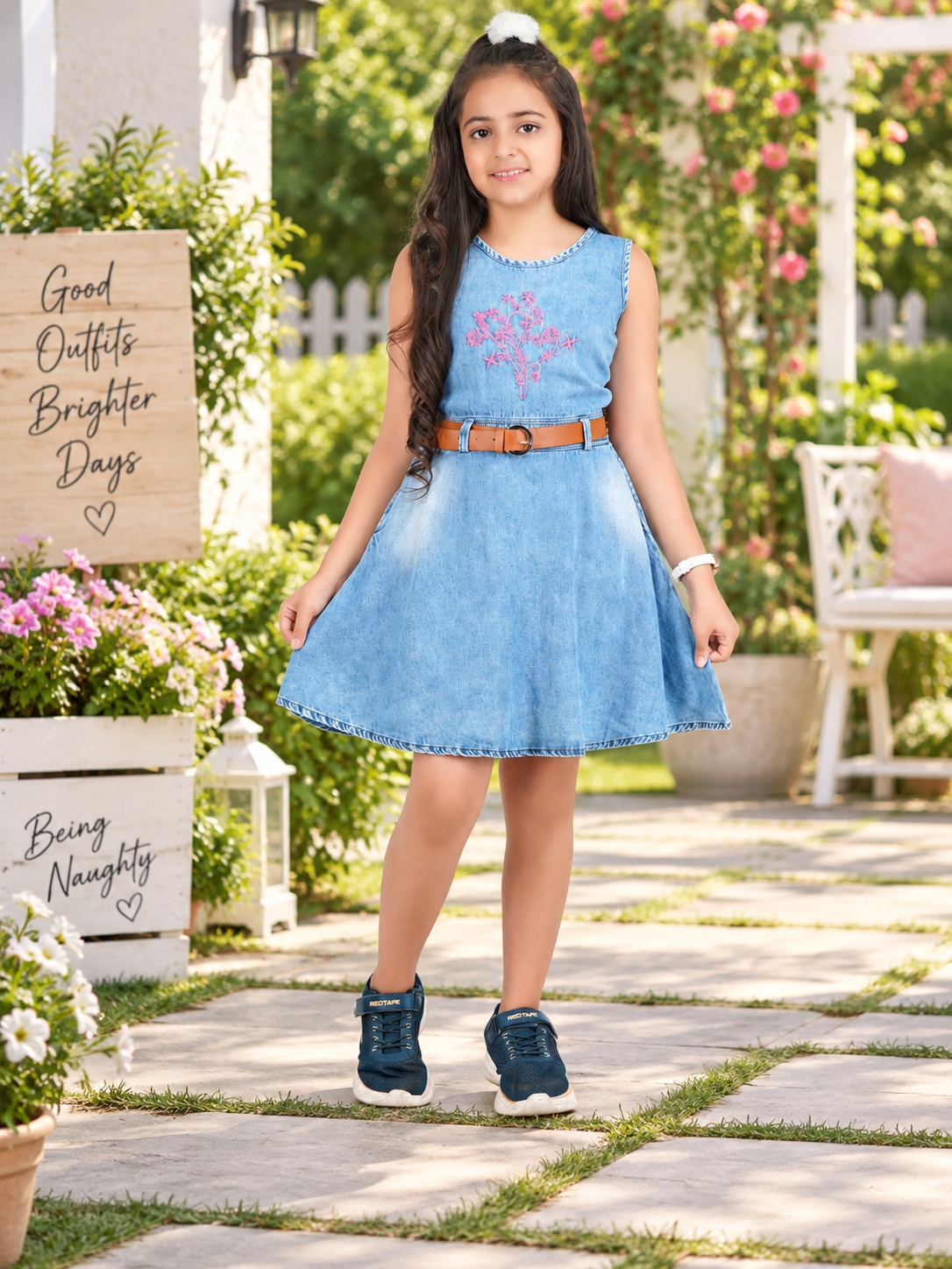 Girls Floral Embroidered Denim A-Line Dress