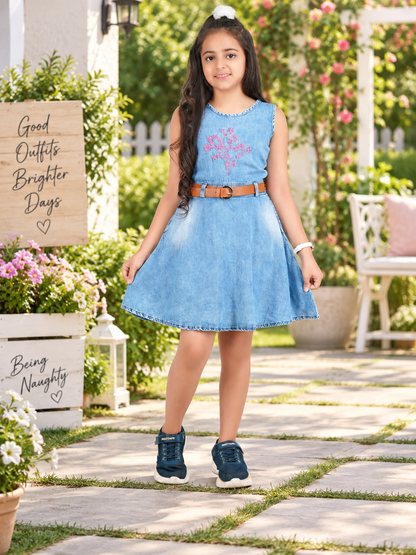 Girls Floral Embroidered Denim A-Line Dress